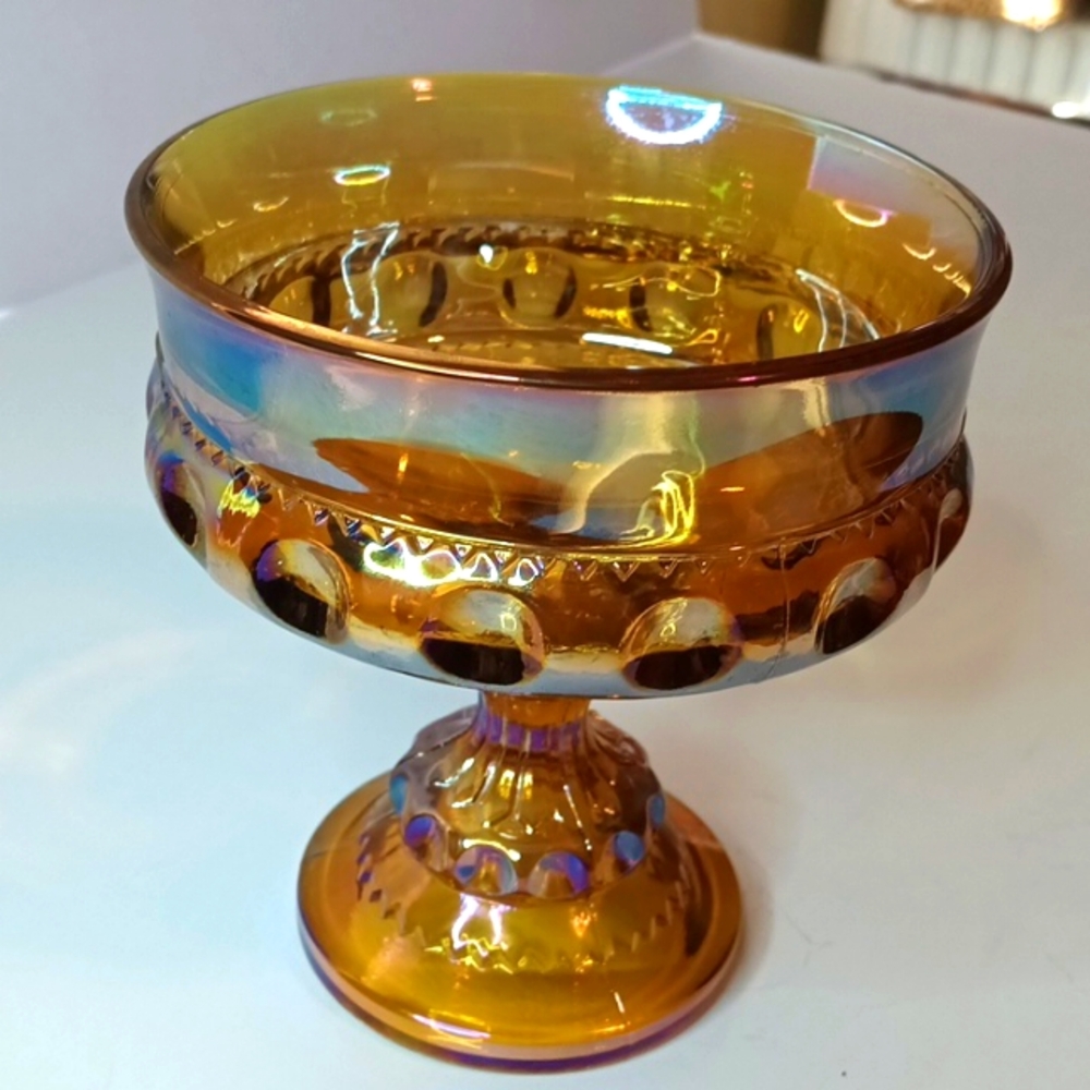 Vintage Indiana King Crown Amber/Gold Indiana Carnival Glass Compotes.